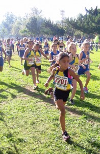 "Niza Laureano (bib #2201) leads the pack at the 2014 USATF Southern California Association Junior Olympic Cross Country Championships in Arcadia, California."